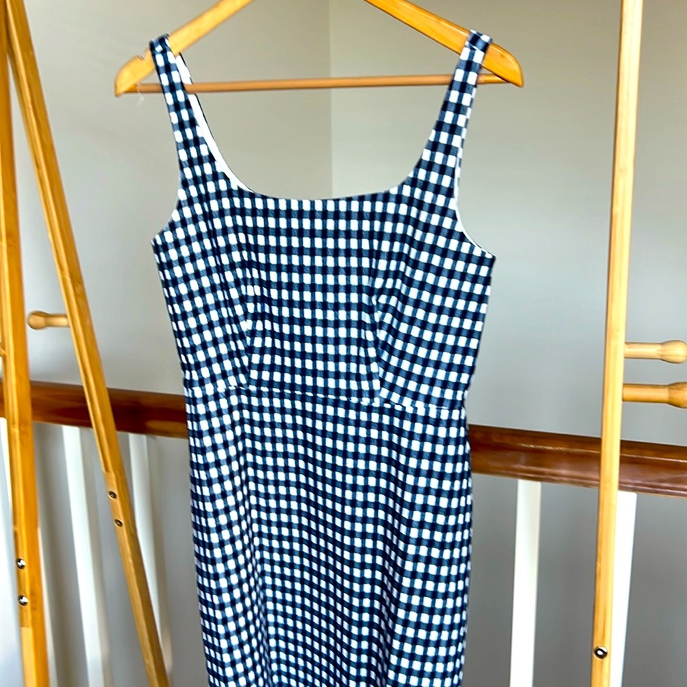 J.Crew Stretch gingham navy Blue and white dress size 8